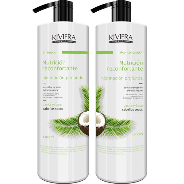 Imagen de Shampoo Sin Sal Riviera Leche Y Coco Para Cabellos Secos 1L + Acondicionador Sin Sal 1L