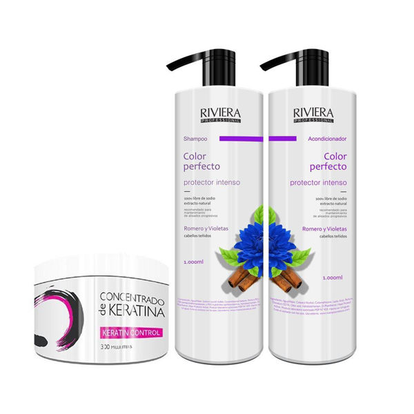 Imagen de Shampoo Sin Sal Riviera Romero Y Violetas Para Cabellos Teñidos 1L + Acondicionador 1L + Keratina 350gr