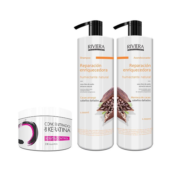 Imagen de Shampoo Sin Sal Riviera Manteca De Cacao Para Cabellos Dañados 1L + Acondicionador 1L + Keratina 350gr