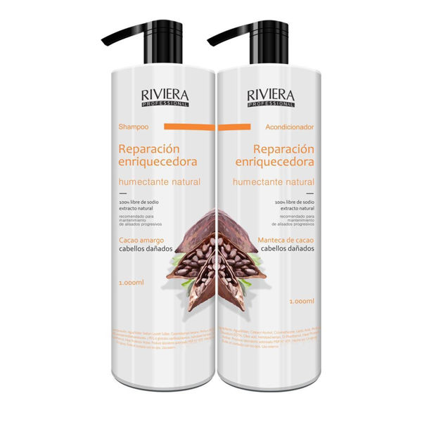 Imagen de Shampoo Sin Sal Riviera Para Cabellos Dañados 1L+ Acondicionador Sin Sal Riviera Manteca De Cacao 1L