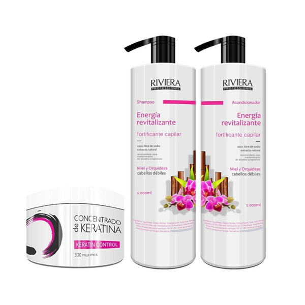 Imagen de Shampoo Sin Sal Riviera Miel Y Orquídeas Para Cabellos Débiles 1L + Acondicionador 1L + Keratina 350gr