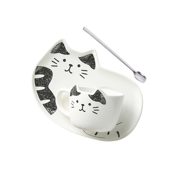 Imagen de Set Taza Cerámica Diseño Gatito 180ml + Plato + Cuchara 15cm