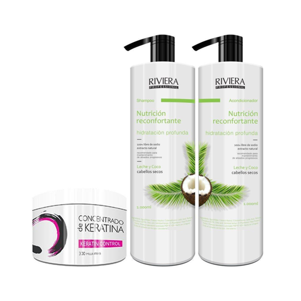 Imagen de Shampoo Sin Sal Riviera Leche Y Coco Para Cabellos Secos 1L+ Acondicionador 1L + Keratina 350gr