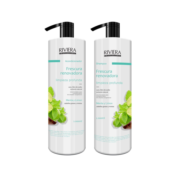 Imagen de Pack Shampoo Sin Sal Riviera Menta y Limón Para Cabellos Grasos 1L + Acondicionador 1L