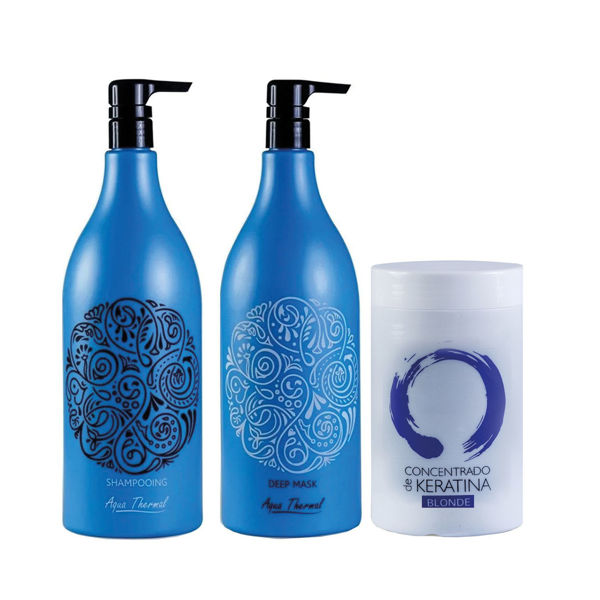 Imagen de Pack Shampoo Sin Sal Aqua Thermal Pro Color 1,5L + Acond + Keratina Blonde 1Kg