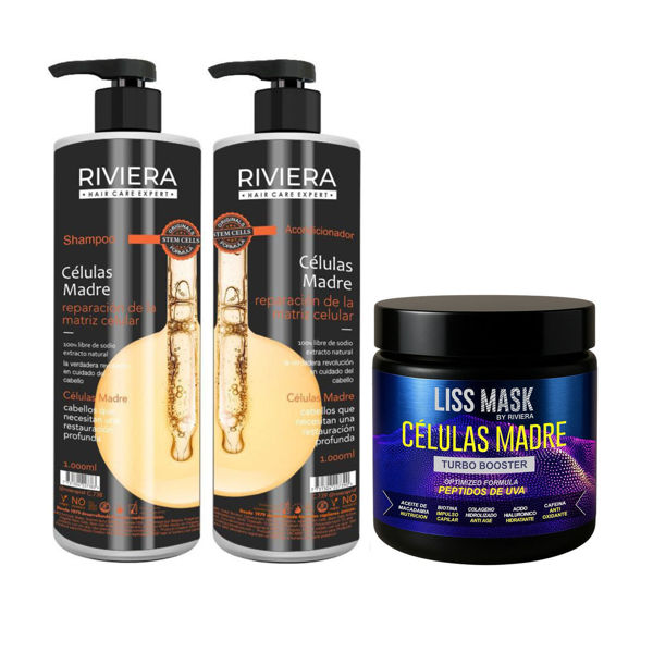 Imagen de Alisado De Células Madre Riviera 350gr + Shampoo Sin Sal Riviera Células Madre 1L + Acond Sin Sal 1L
