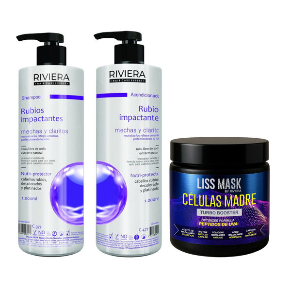 Imagen de Alisado De Células Madre Riviera 350gr + Shampoo Sin Sal Riviera Rubios Impactantes 1L +  Acondicionador Sin Sal 1L