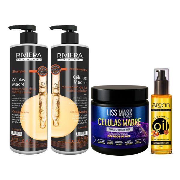 Imagen de Alisado De Células Madre Riviera 350gr + Shampoo Sin Sal 1L + Acondicionador Sin Sal 1L + Aceite Argán Oleo 100ml