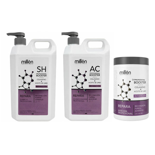 Imagen de Pack Shampoo Reparación Millên Con Colágeno 3L + Acondicionador 3L + Máscara 1Kg