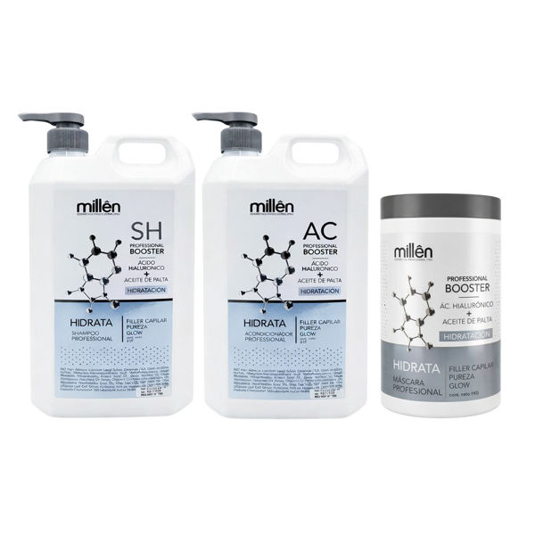 Imagen de Pack Shampoo Hidratación Millên Con Ácido Hialurionico 3L + Acondicionador 3L + Máscara 1Kg